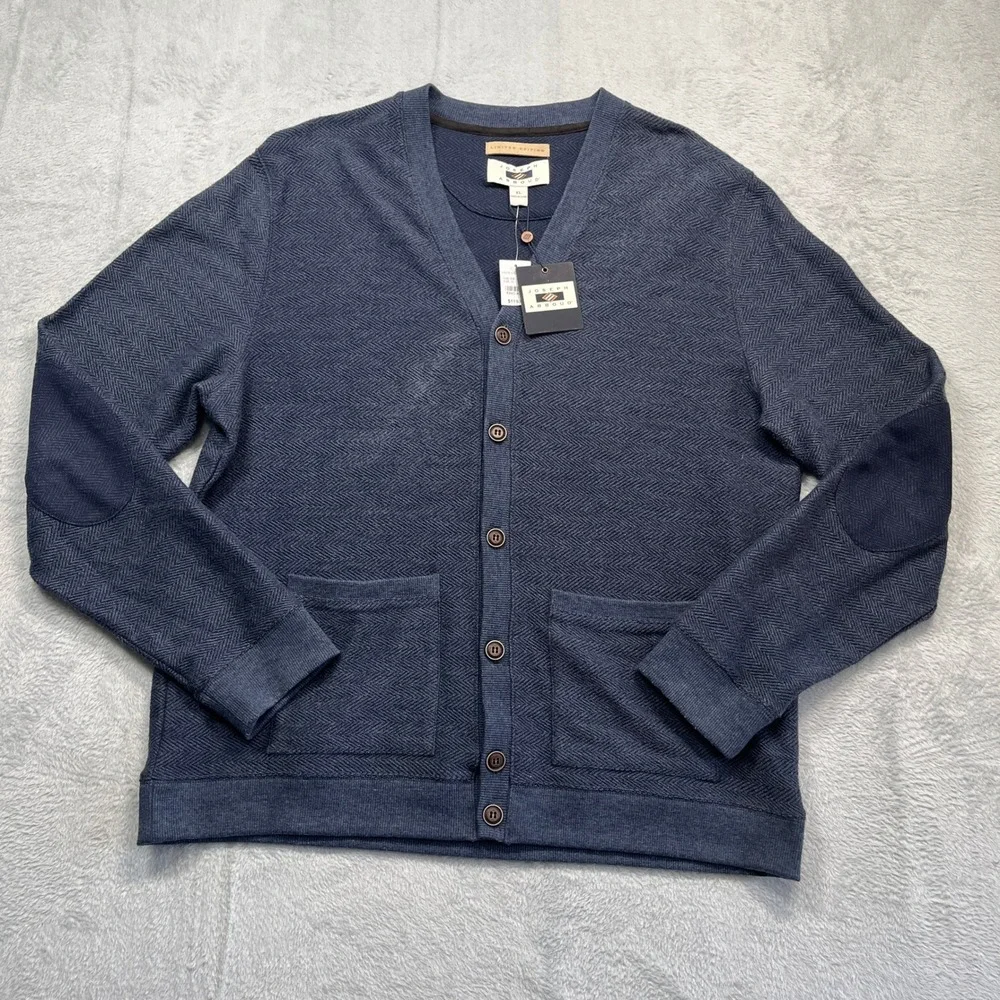 Joseph Abboud Cardigan Sweater Men XL Blue Herringbone Elbow Patch M261826 F17